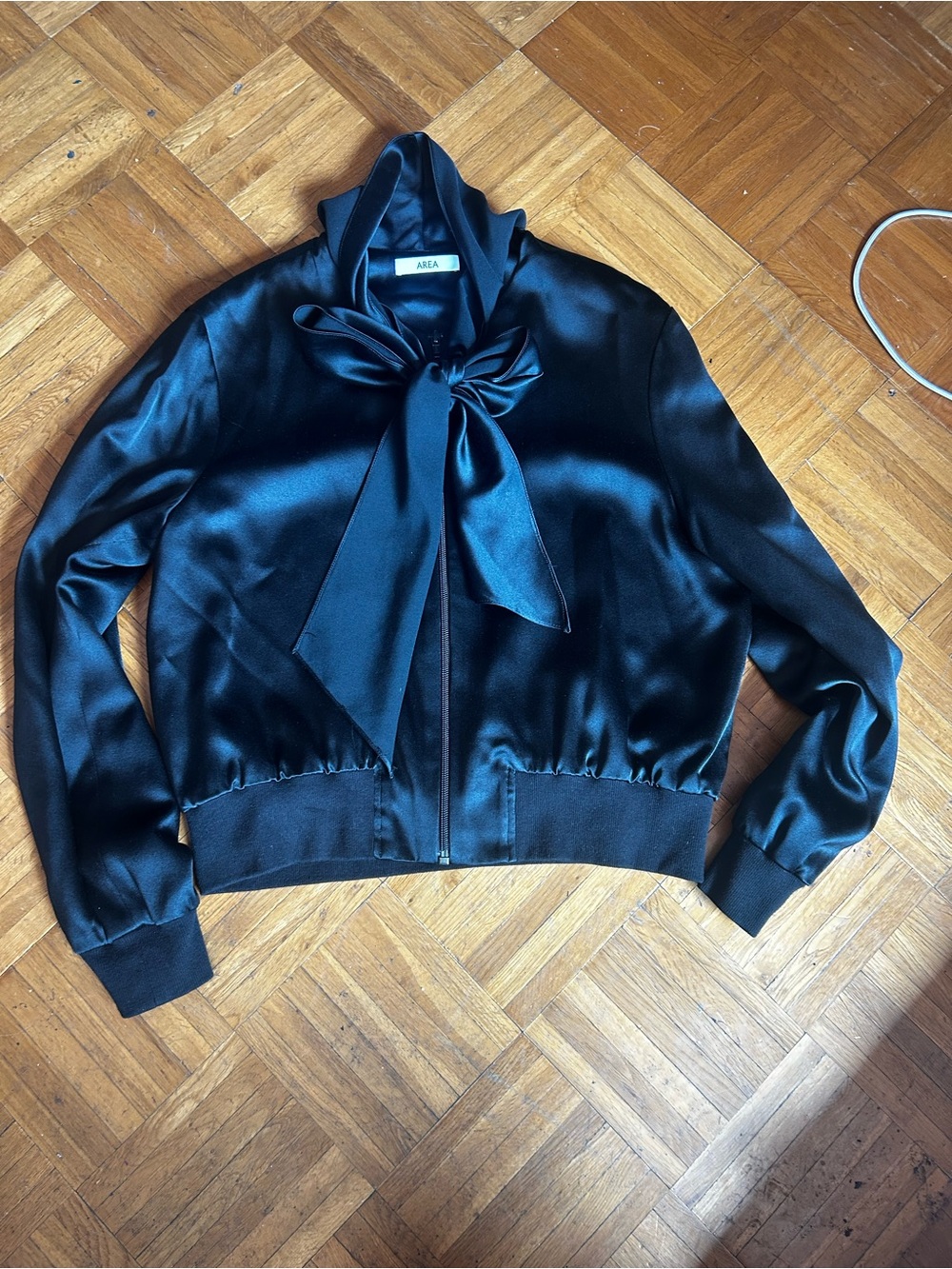 Area Silk Bomber Jacket Womens Size S Black Excellent Bow Tie Neck - Picture 4 of 8